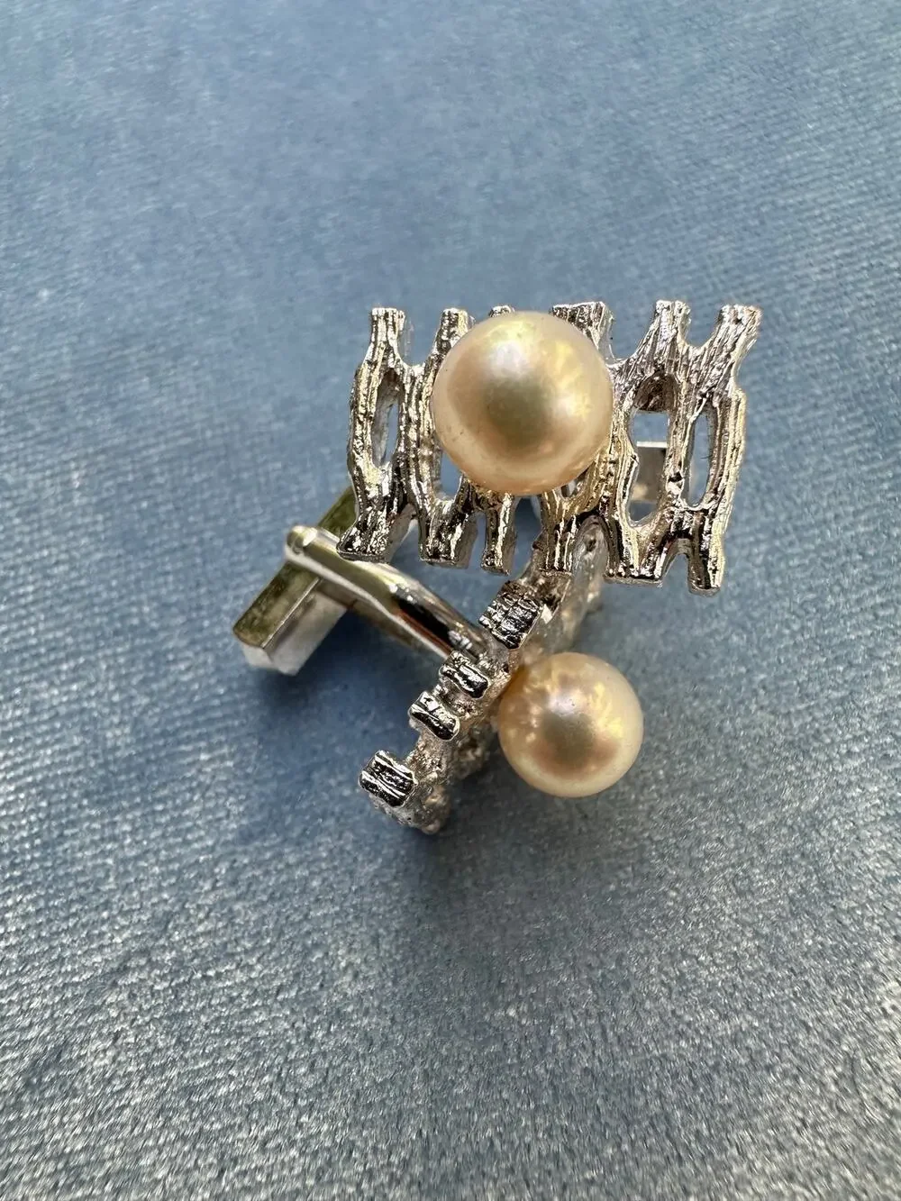 Vintage Mid Century Brutalist Sterling Silver Pearl Cufflinks Abstract Openwork